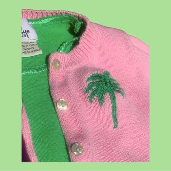LILLY PULITZER Green Long Sleeve Top with Pink Cardigan w/Green Palm Tree - 6X - Picture 4 of 11